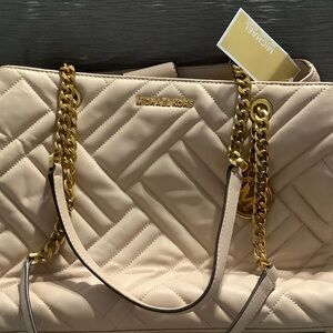 Michael Kors Beige Quilted Shoulder Bag with Gold Accents